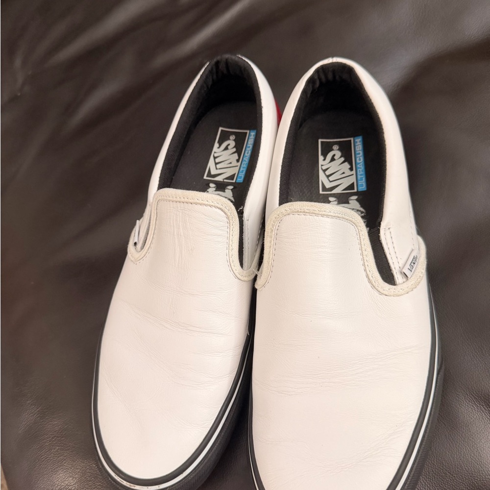 Vans White Leather Slip-On Sneakers with Black Sole and Red Heel - Picture 2 of 9